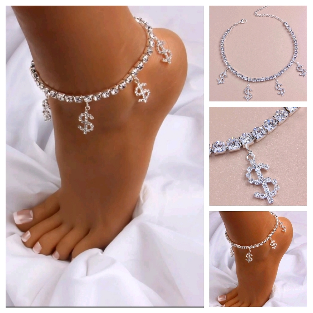 Crystal Rhinestone $Dollar$ Sign Anklet Bracelet Classy Elegant, Flirty, Bling
